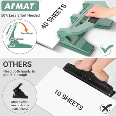 AFMAT HPX2 Heavy Duty 3 Hole Puncher, 40-Sheet Three Hole Punch Heavy Duty, 50% Reduced Effort Paper Punch, 10K+ Uses, Metal Hole Puncher 3 Ring w/Large Tray, Bulit-in S.S. Paper Guide, Green - Image 2