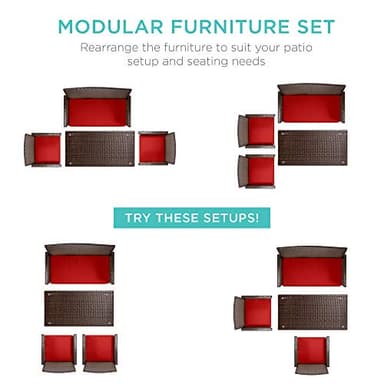 Best Choice Products 4-Piece Outdoor Wicker Patio Conversation Furniture Set for Backyard w/Coffee Table, Seat Cushions - Brown/Red - Image 2