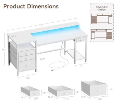 Furologee 60" White Office Computer Desk with 4 Drawers,Gaming Desk with LED Lights and Power Outlets,Long Desk with Fabric File Cabinet,Study Writing Work Table with Shelf for Bedroom Home Office - Image 3