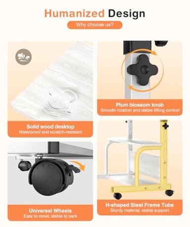 QZMDSM Portable Desk with Wheels Small Standing Desk on Wheels Adjustable Height Rolling Desks for Small Spaces, 32" Computer Desks with Storage Shelves for Home Office Study White - Image 4
