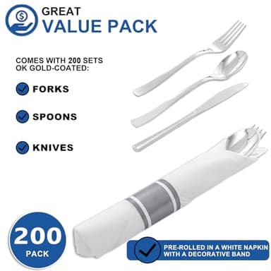 Joyido 200Guests Pre Rolled Silver Plastic Silverware Sets - Heavy Duty Silver Cutlery - Include 200 Pack Wrapped Disposable Utensils with Napkins for Parties & Dinners & Weddings - Image 4