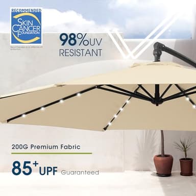 wikiwiki 10ft Solar LED Offset Hanging Market Cantilever Patio Umbrella for Backyard, Poolside, Lawn and Garden, Easy Tilt Adjustment, Polyester Shade & Cross Base, Beige - Image 3