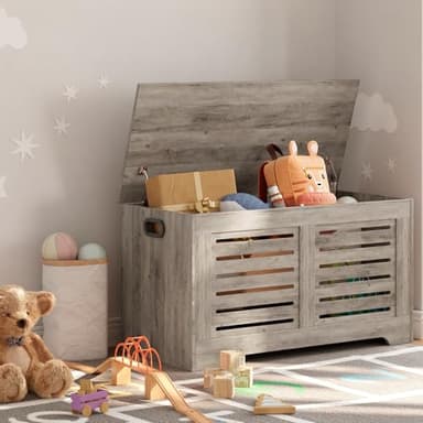 DINZI LVJ Storage Chest, Flip-Top Wooden Toy Box with 2 Safety Hinges, Retro Entryway Shoe Bench, Sturdy Large Storage Trunk for Living Room, Bedroom, Toddler Room, Easy Assembly, Grey Wash - Image 5