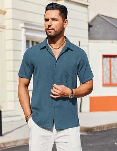 COOFANDY Shirts for Men Linen Shirts Short Sleeve Button Up Business Casual Shirts Summer Shirts Grey Blue - Image 2
