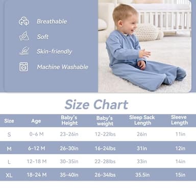 FIEMOL Baby Sleep Sack 6-12 Months, Long Sleeve Baby Wearable Blanket 0.5 Tog with Mittens, 2-Way Zipper Infant Cotton Sleeping Sack for Boy and Girl Blue Sea 2 Pack (Medium) - Image 4