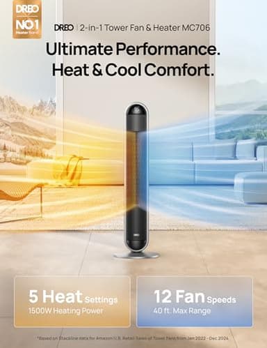 Dreo Tower Fan and Heater Combo, 29.2ft/s Standing Fans for Bedroom, 17 Levels, 6 Modes, 120° Oscillation, 42 Inch, 12H Timer, 25dB Quiet, with Remote, for Office, Large Room, Silver - Image 2