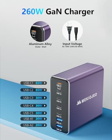 Aluminum Alloy USB C Charger GaN Fast USB C Charging Station 7 Ports 65W Laptop Charger for MacBook Pro/Air/iPad Pro/iPhone (Purple) - Image 3
