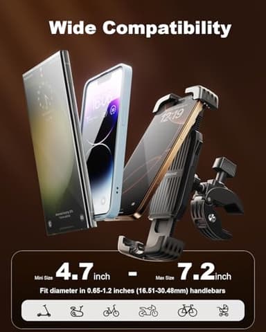 SUPERONE Bike Phone Holder, [1s Lock] Motorcycle Phone Mount, [Anti-Shake] Handlebar Cell Phone Clamp, Scooter Phone Clip for Handlebars with Diameters 0.65-1.2 in, Suitable for 4.7-7.2 in Phones - Image 8