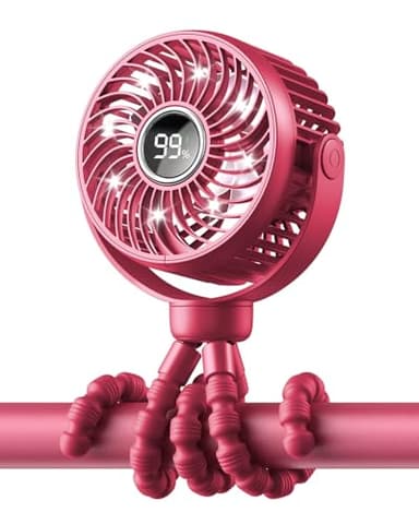 Bearwind Mini Portable Stroller Fan for Travel,360° Rotation,4-Speed LED Night Light Clip on Fans Operated by Rechargeable Battery, Cordless Fan with Tripod Car Seat Baby Pram (Rose red) - Image 1