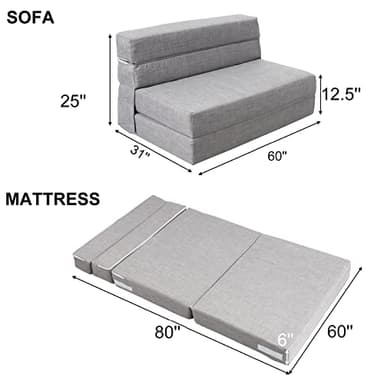 ANONER 60" Folding Sleeper Chair Sofa Bed Lazy Couch with 2 Pillows, Queen Size Memory Foam Washable Cover, Light Gray - Image 3