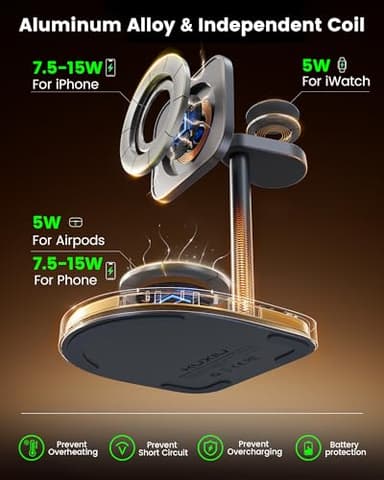 3-Point Power 3 in 1 Charging Station for Apple, KU XIU X85 Aluminum Alloy Magnetic Wireless Charger Stand with Mini Basketball & Hoop for iPhone 16/15/14/13/12, 5W for Apple Watch, AirPods, Gray - Image 4