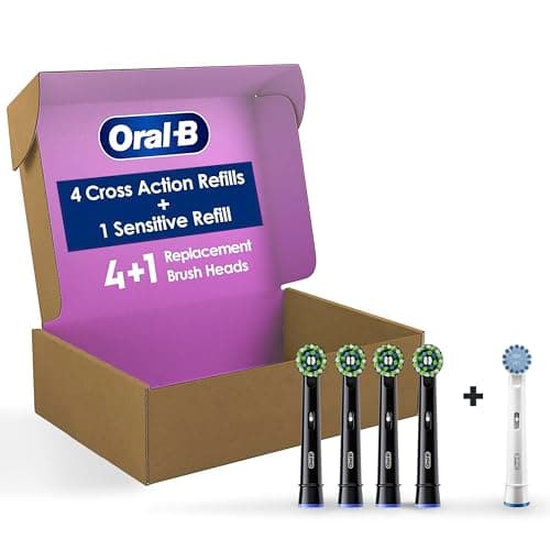 Oral-B CrossAction Electric Toothbrush Replacement Brush Heads, Black, 4 Count + 1 Sensitive White - Image 1