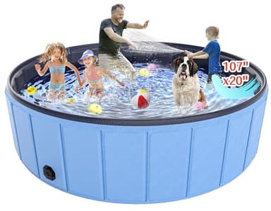 Giant Dog Pool 107"x 20", Hyperzoo Foldable Dog Swimming Pool, Hard Plastic PVC Leakproof Doggie Wading Collapsible Pet Bathing Tub for Puppy Small Medium Large Dogs and Kids, Blue - Image 1