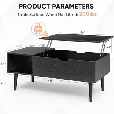 Sweetcrispy Lift Top Coffee Tables for Living Room, Small Rising Wooden Dining Center Tables with Storage Shelf and Hidden Compartment, Classic Black - Image 2