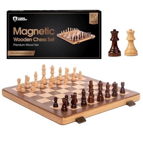 15 Inch Magnetic Wooden Chess Set for Adults & Kids - Folding Travel Chess Board with Handcrafted Staunton Pieces, Extra Queens, and Storage Slots - Image 1
