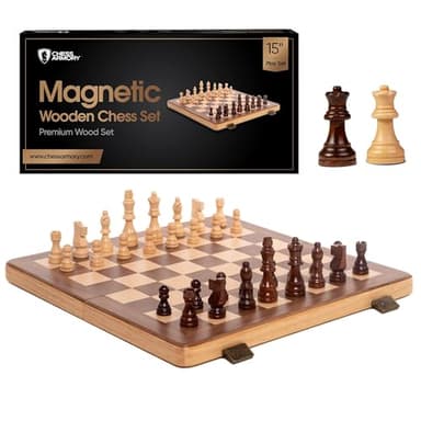 15 Inch Magnetic Wooden Chess Set for Adults & Kids - Folding Travel Chess Board with Handcrafted Staunton Pieces, Extra Queens, and Storage Slots - Image 1