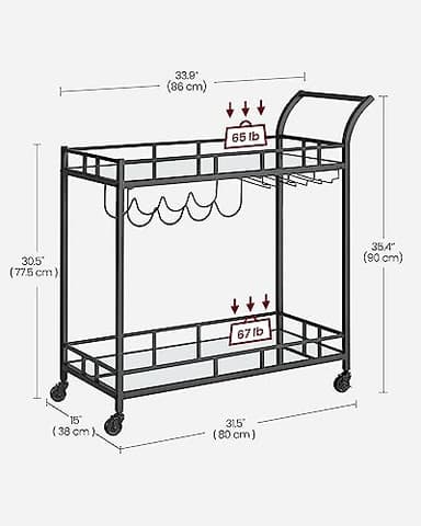VASAGLE Bar Cart Black, Home Bar Serving Cart, Wine Cart with 2 Mirrored Shelves, Wine Holders, Glass Holders, for Kitchen, Dining Room, Black ULRC090B62 - Image 6