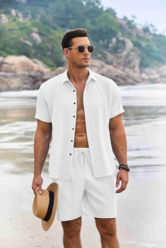 COOFANDY Men's Vacation Outfit Summer Short Sets for Men Beach Outfit, White, X-Large - Image 2