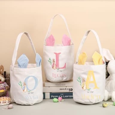 Gift Basket for Gifts Empty Personalized for Kids Girls Boys with Name, Small Basket Cute Bunny Tote Bags for Toy Organizing, Cotton Fabric Baskets with Handles, Blue - Image 5