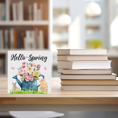 YXSEZ Rustic Wooden Spring Decorative Sign - 5 x 5 Inches - Floral Theme - Tabletop - Hello Spring - Image 5