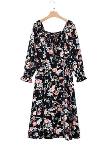 BLENCOT Women's Floral Print Puff Long Sleeve Maxi Dress Sexy Square Neck Tie Front Ruffle Hem Split A-line Beach Dresses Black L - Image 4