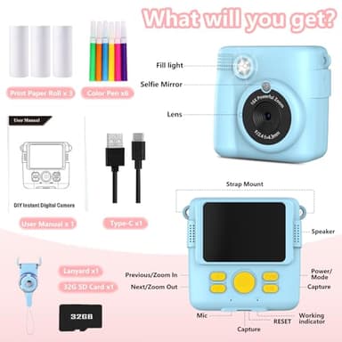 Radekly Instant Print Camera for Kids,Christmas Birthday Gifts for Age 3-12 Girls Boys，1080P HD Digital Video Cameras for Toddler,Kids Portable Toy with 3 Rolls Photo Paper，32GB Card-Blue - Image 6