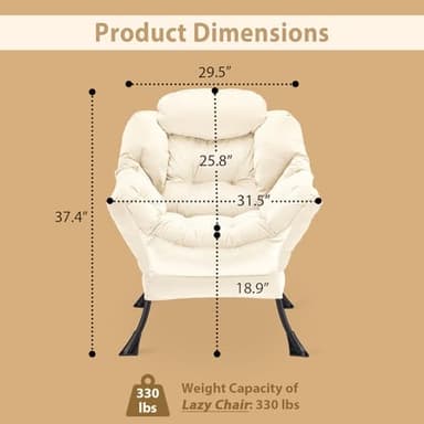 Youtanic Lazy Chair Thick Padded, Comfy Velvet Accent Lounge Chair with Stable Frame, Leisure Sofa Armchair with Armrests and Side Pocket, Reading Chair for Bedroom, Living Room, Office, Beige - Image 3