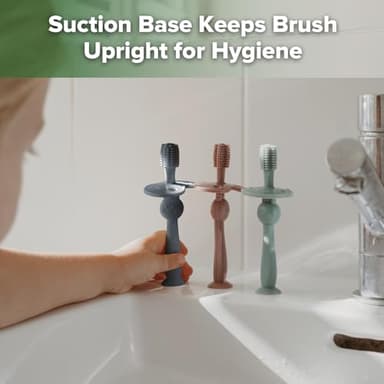 haakaa 360° Baby Toothbrush with Suction Base - Gentle Cleaning for Infant Self-Brushing Training, Food-Grade Silicone, Adjustable Safety Shield - Steel Blue (1 Piece) - Image 6