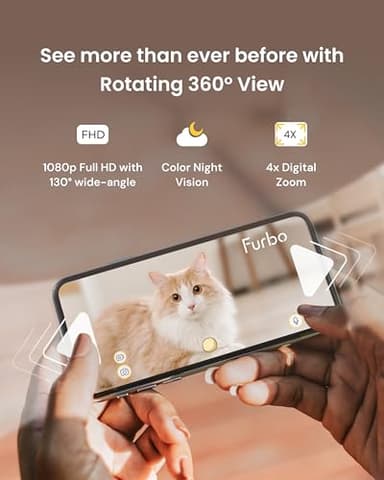 Furbo 360° Cat Camera: Pet Security Cam w/Meowing Alerts, Rotating View, Treat Toss w/Phone App, Smart Home Kitty Monitoring, 2-Way Speaker, No Subscription Needed. Standard See, Talk, & Toss Features - Image 2