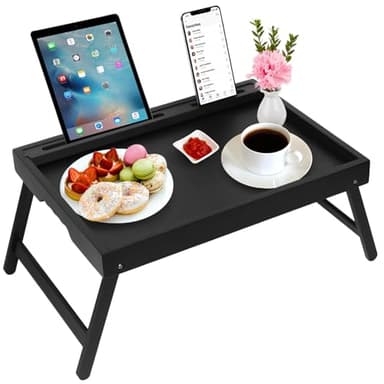 Bed Tray Table with Handles Folding Legs,Bamboo Breakfast Food Tray with Media Slot,Use As Platter,Laptop Desk,Snack,TV Tray Kitchen Serving Tray Black Large - Image 1