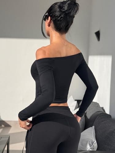 YEOREO Sophie Women Off Shoulder Long Sleeve Shirts Double Lined Basic Undershirt Y2K Going Out Tops Black-S - Image 3