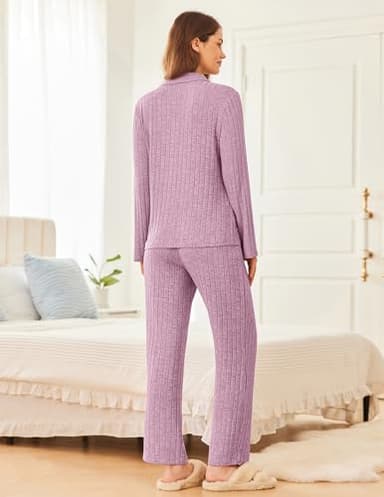 Ekouaer Womens Ribbed Knit Pajama Sets 2 Piece Lounge Set Long Sleeve Button Down Pjs Sleepwear Set with Pockets Purple Pink X-Large - Image 4