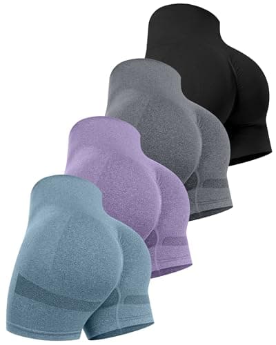 CHRLEISURE Women's 4 Packs Workout Gym Shorts, High Waisted Butt Lifting Scrunch Butt Seamless Booty Shorts(Black,DGray,Purple,Blue,M) - Image 1