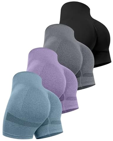 CHRLEISURE Women's 4 Packs Workout Gym Shorts, High Waisted Butt Lifting Scrunch Butt Seamless Booty Shorts(Black,DGray,Purple,Blue,M) - Image 1