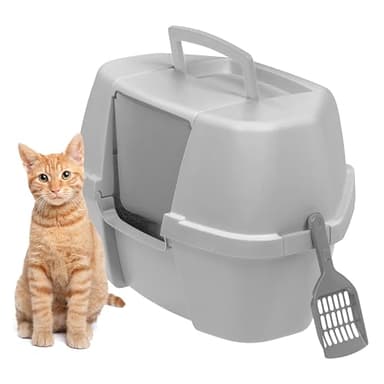 IRIS USA Corner Cat Litter Box Enclosed with Scoop - Privacy and Easy Access for Cleaning, Odor Defensive Hooded Litter Tray, Sturdy Stain Resisting Plastic, Fits in Most Corners, Gray - Image 1