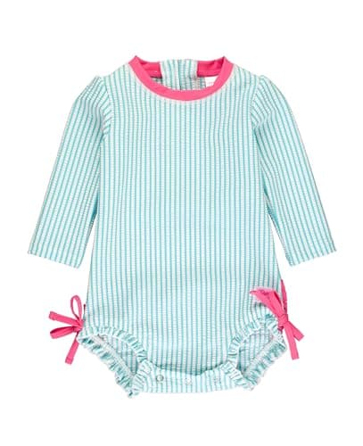 RuffleButts Bright Aqua Seersucker Long Sleeve One Piece Rash Guard - 3-6m - Image 1
