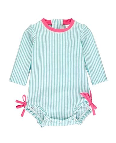 RuffleButts Bright Aqua Seersucker Long Sleeve One Piece Rash Guard - 3-6m - Image 1