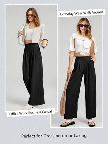 EVALESS Women's Wide Leg Pants with Pockets High Waisted Office Business Casual Dressy Plain Comfy Waffle Knit Lounge Pants for Ladies Black Large - Image 3