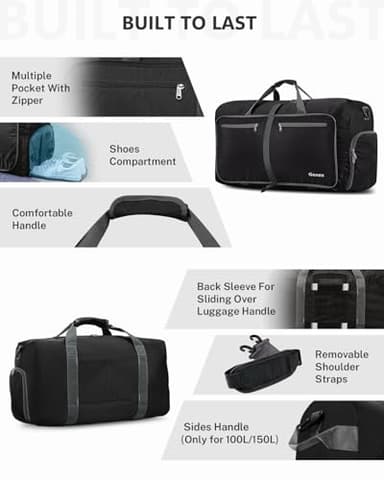 Gonex 80L Packable Travel Duffle Bag Foldable Duffel Bags for Luggage Gym Sports Camping Travelling Cycling Storage Shopping Water & Tear Resistant Black - Image 5
