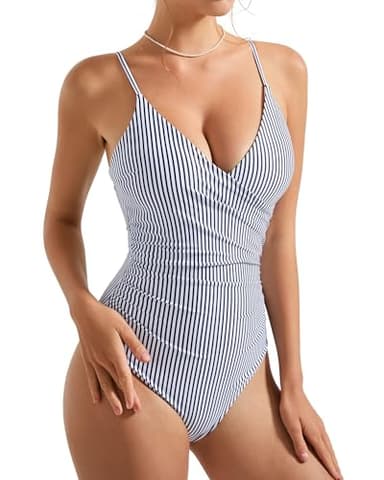 SUUKSESS Women Sexy Wrap Push Up One Piece Swimsuit Slimming Tummy Control Bathing Suit Retro Backless Cut Out Swimwear (White Black Striped,L) - Image 5