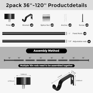 VOIIY 2 Pack Black Curtain Rods for Windows 66 to 120 Inch(5.5-10 Feet),1" Diameter Drapery Rods with Modern Style End Cap Finials,Size:36-120 Inch - Image 8