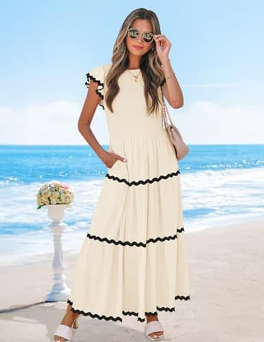 ZESICA Women's Summer Flutter Short Sleeve Smocked Midi Dress Casual High Waist Rickrack Tiered Flowy Dresses,Apricot,Medium - Image 5