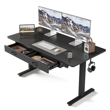 FEZIBO Adjustable Height Electric Standing Desk with Double Drawer, 55 x 24 Inches Stand Up Home Office Desk with Splice Tabletop, Black Frame/Black Top - Image 1