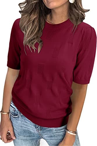 Arach&Cloz Womens Summer Fall Tops 2025 Fashion Short Sleeve Sweater Crew Neck Dressy Teacher Blouse Valentines Wine Burgundy - Image 1
