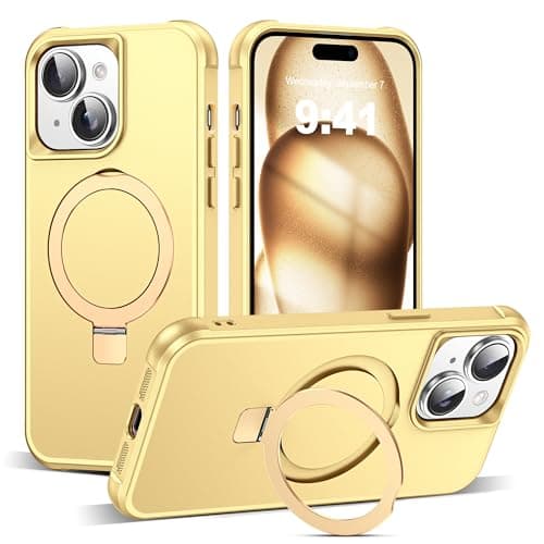 SKYLMW Compatible with iPhone 15 Case with Invisible Magnetic O-Ring Stand Military-Grade Case for iPhone 15 6.1" [Compatible with Mag-Safe][Great Grip Feeling], Gold - Image 1