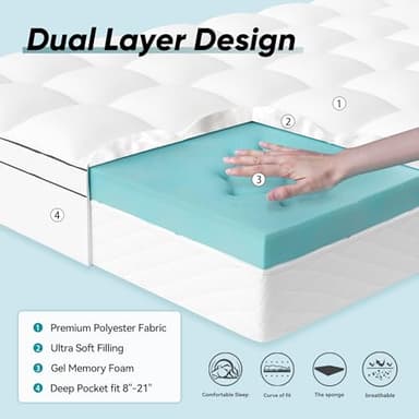 Memory Foam Mattress Topper Queen Size, Dual Layer 4 Inch Mattress Pad,2 Inch Gel Memory Foam Plus 2 Inch Pillow Top Cover with 8-21 Inch Deep Pocket - Image 3