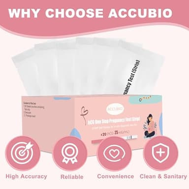 ACCUBIO Pregnancy Test Strips with Urine Cups, hCG Detection Home Pregnancy Tests, Sensitive & Over 99% Accurate, 20 Count Individually Wrapped, Rapid hCG Test Strips, 5mm Wider 25mIU/mL - Image 7