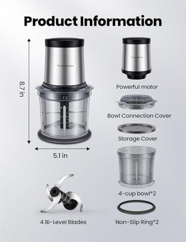 TWOMEOW Food Processor 4 Cup, Electric Food Chopper, 【Small but Powerful】Meat Grinder with 2 Bowls, 2 Speed & 4 Blades for Vegetable, Meat, Nuts, Functions for Chopping, Dicing, Mixing and Puree - Image 7