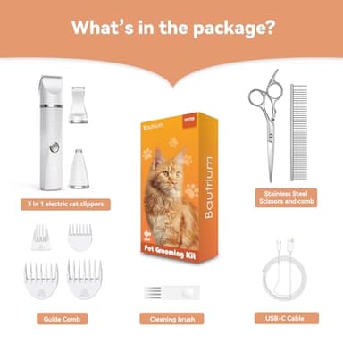 Bautrium Cat Grooming Clippers Kit with Paw Trimmer, 3 in 1 Electric Pet Hair Trimmer Supplies for Thick Matted Hair, Heavy Coat Butt Shaver Cat Razor Fur Trimmer for Dogs at Home - Image 6