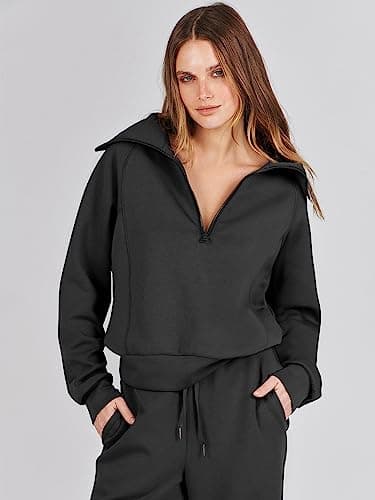 ANRABESS Women 2 Piece Outfits 2025 Fall Fashion Airport Wide Leg Pants Lounge Set Leisure Travel Vacation Clothes Sweatsuits Black Small - Image 5